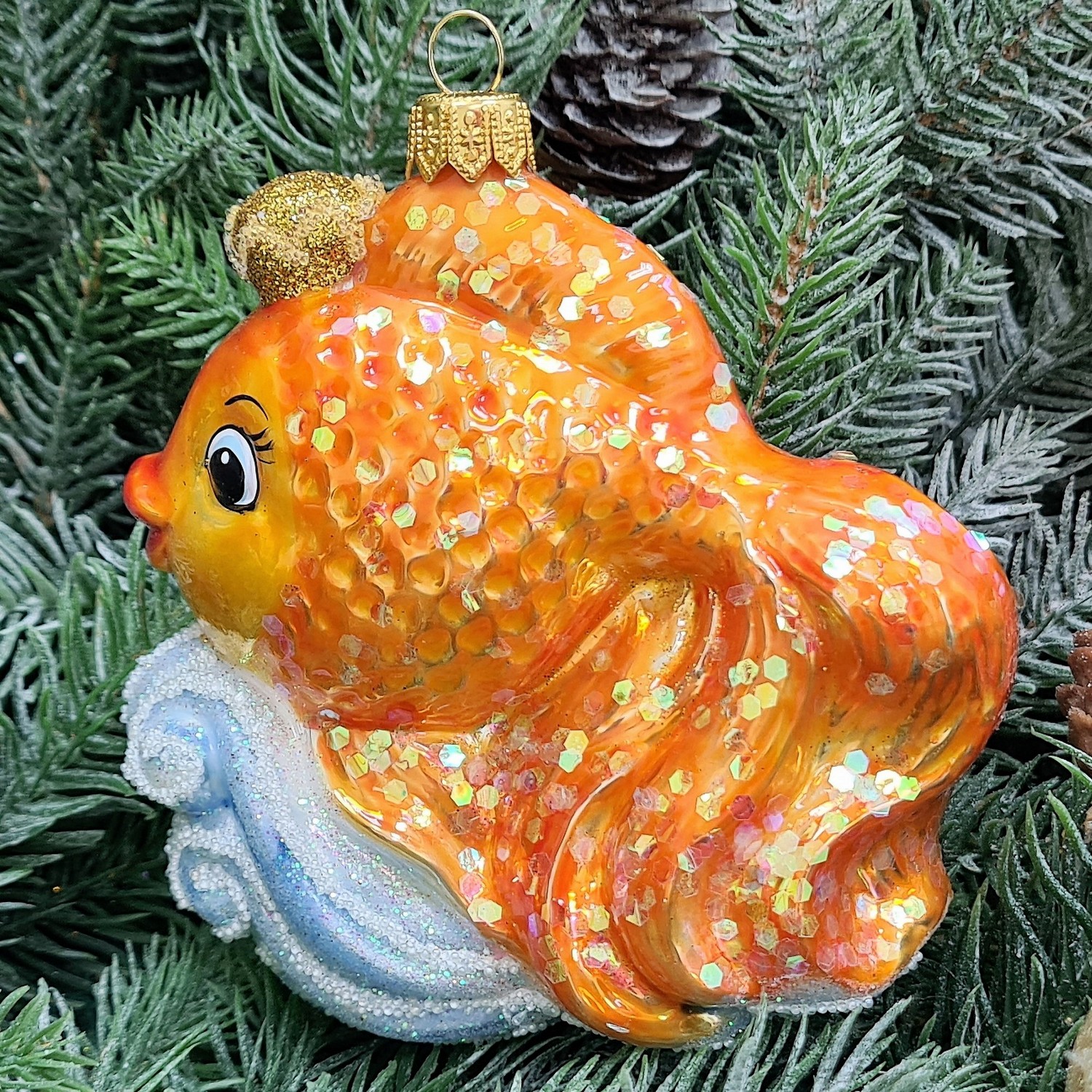 фото Стеклянная елочная игрушка Золотая рыбка