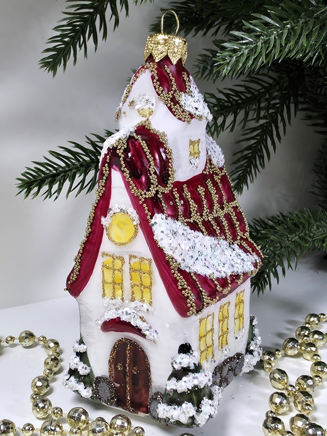 фото Стеклянная елочная игрушка Домик с острой крышей