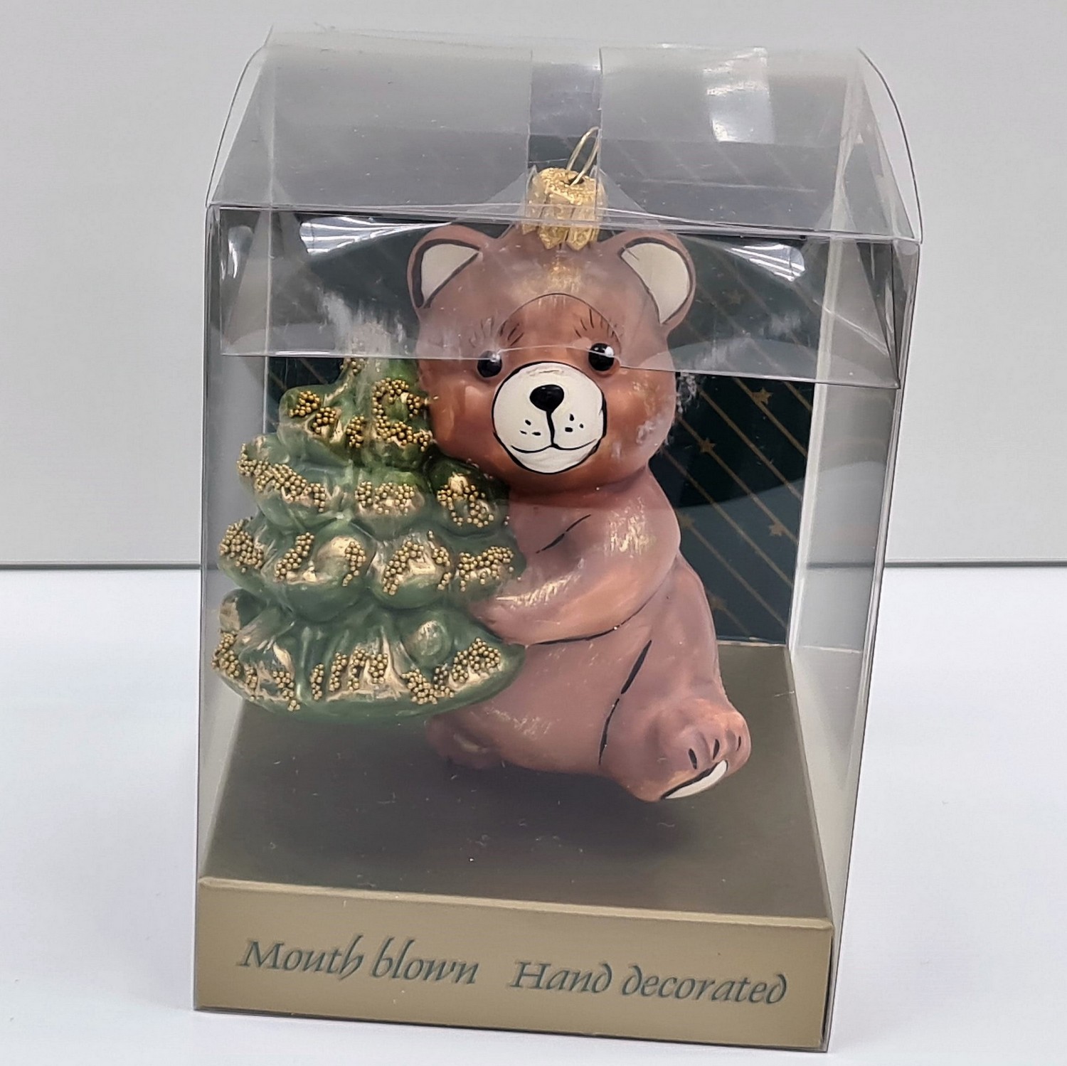 фото Стеклянная елочная игрушка Мишка с елкой винтаж