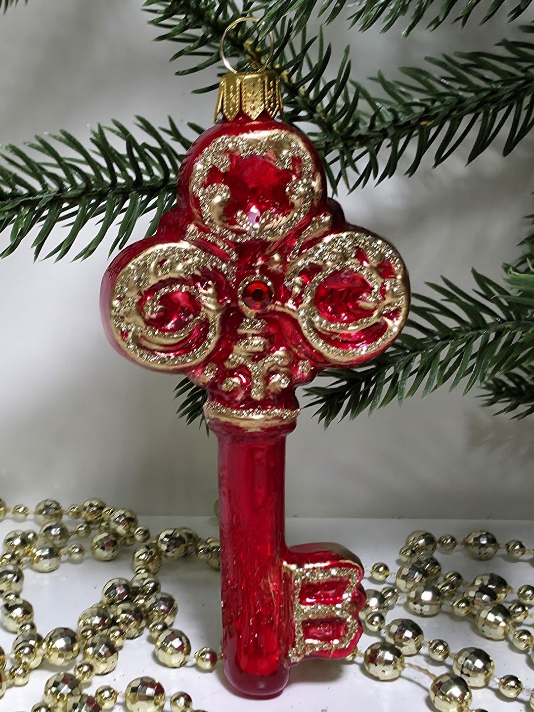 фото Стеклянная елочная игрушка Ключик красный