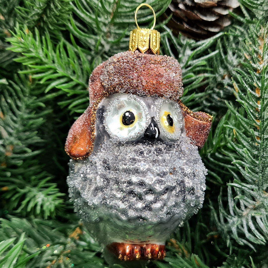 фото Стеклянная елочная игрушка Сова в ушанке-1