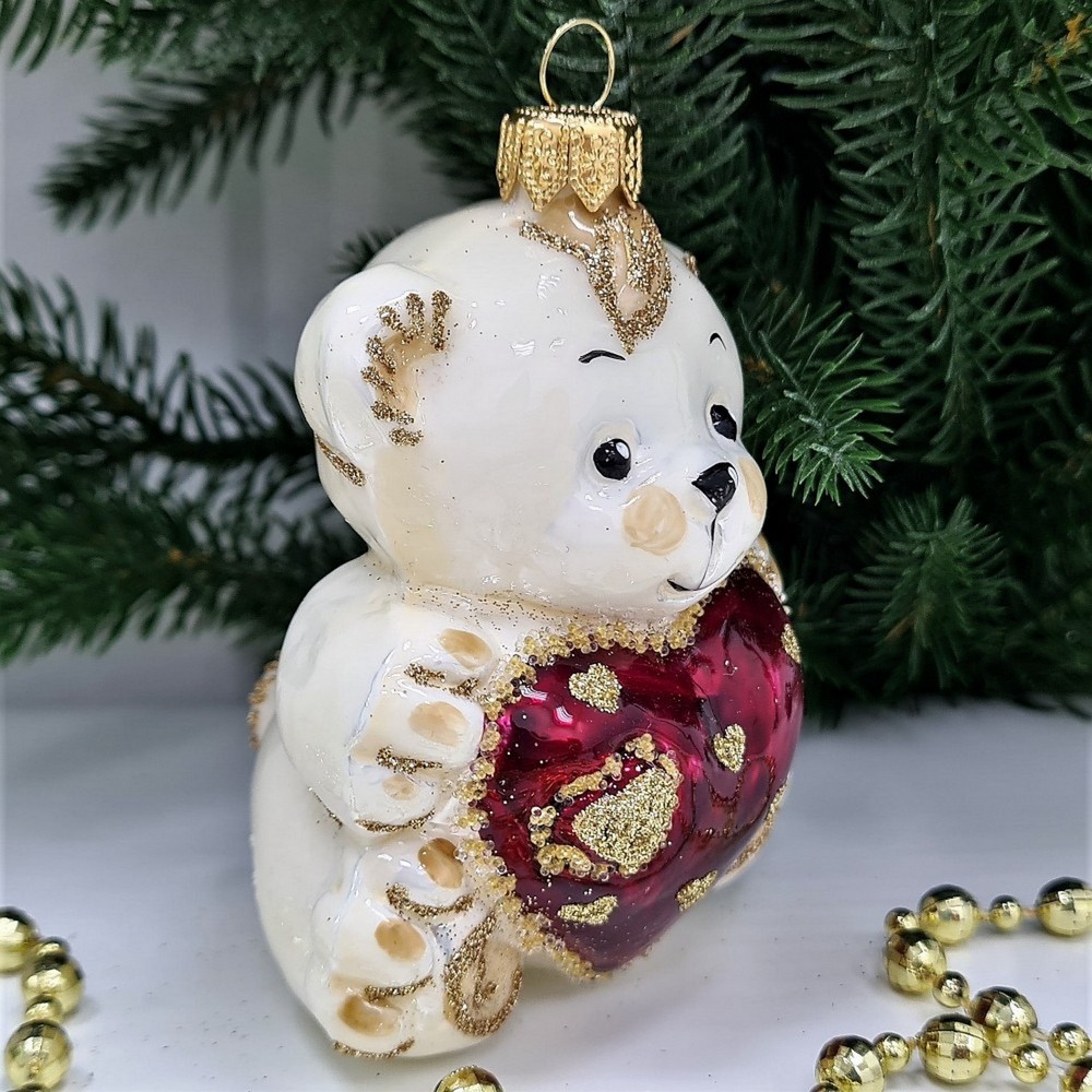 фото Стеклянная елочная игрушка Мишка с сердцем