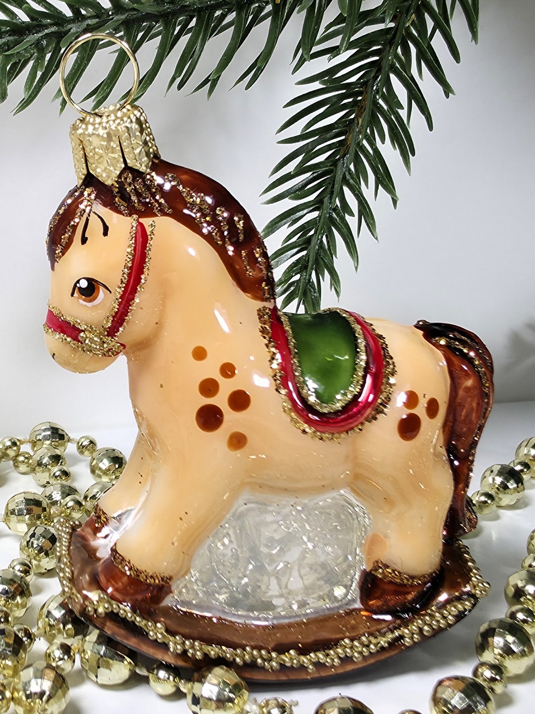 фото Стеклянная елочная игрушка Лошадка качалка малая