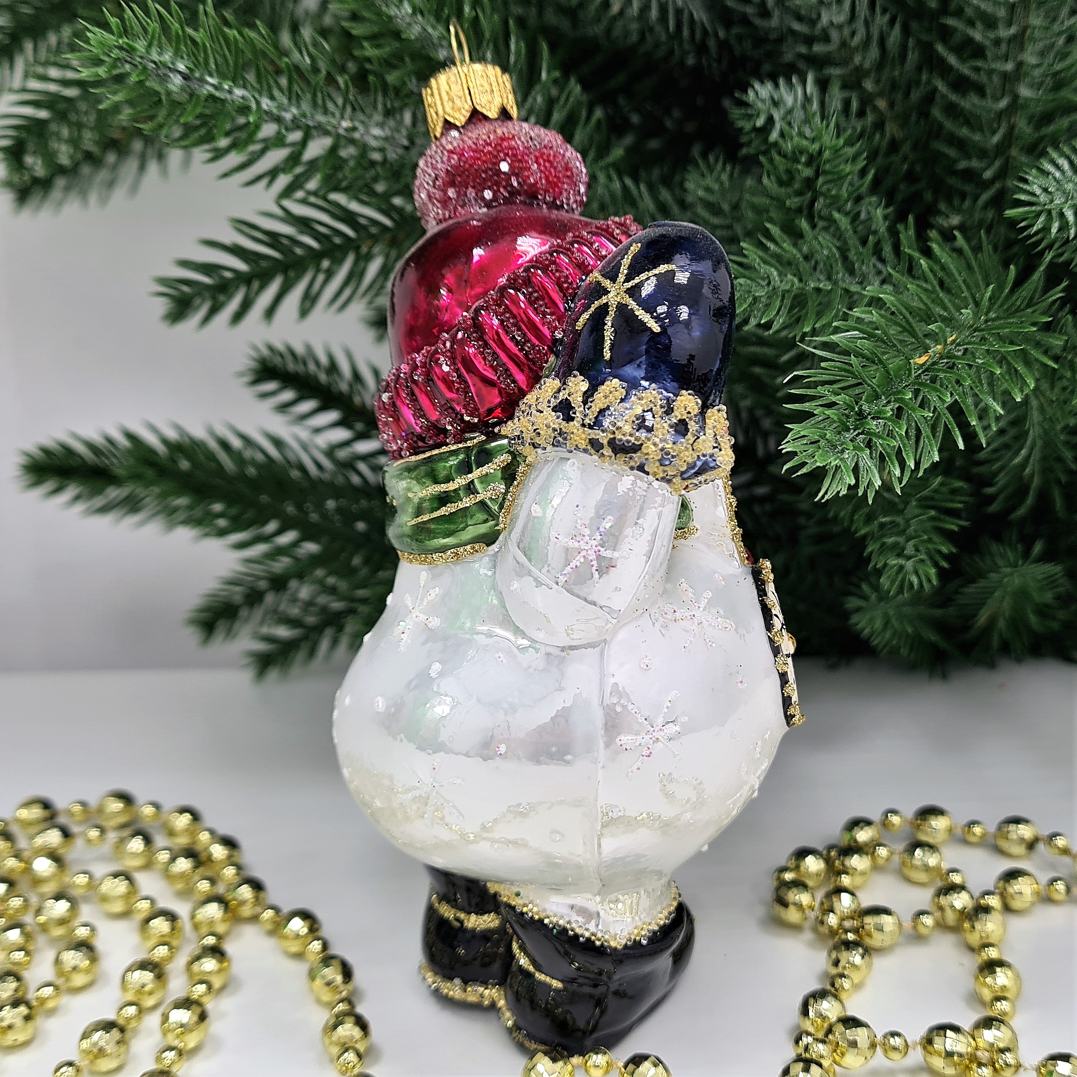 фото Стеклянная елочная игрушка Снеговик с часиками