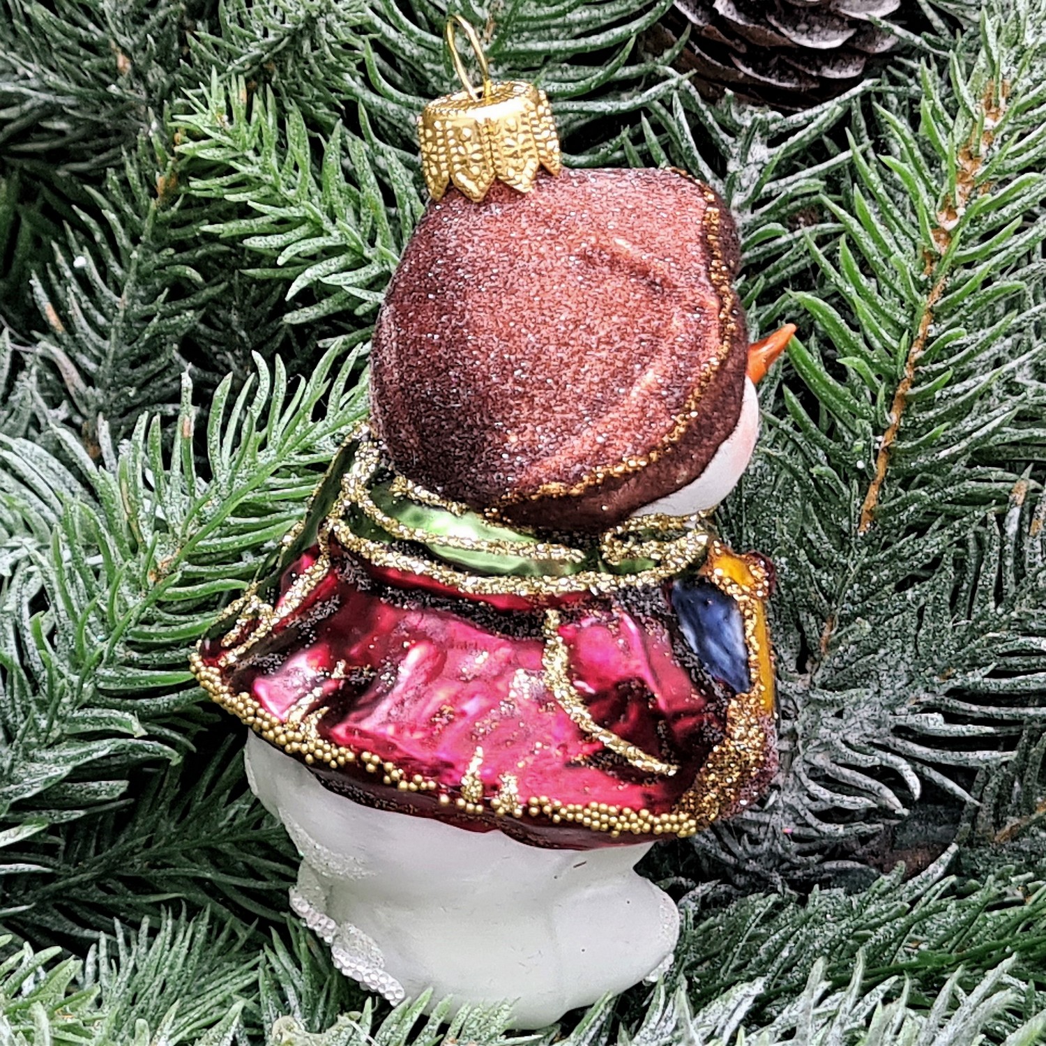 фото Стеклянная елочная игрушка Снеговик с подарком винтаж