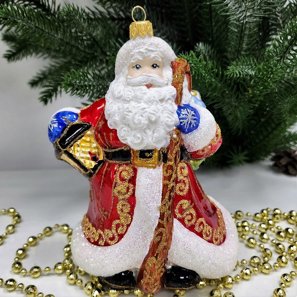 фото Стеклянная елочная игрушка Дед Мороз с фонарем
