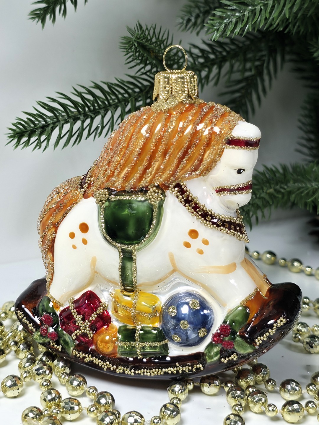 фото Стеклянная елочная игрушка Лошадка качалка