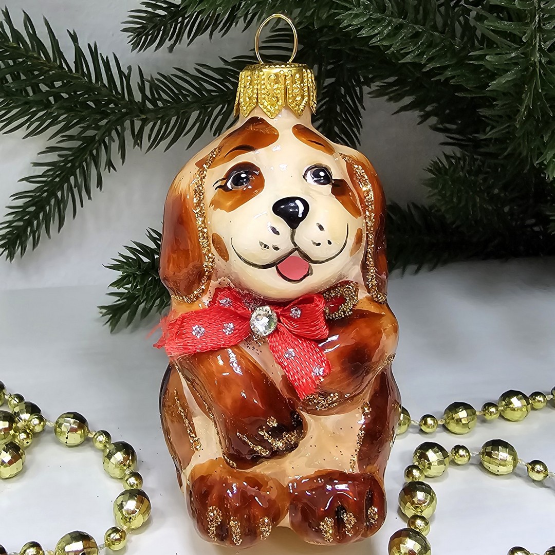 фото Стеклянная елочная игрушка Щенок рыжий