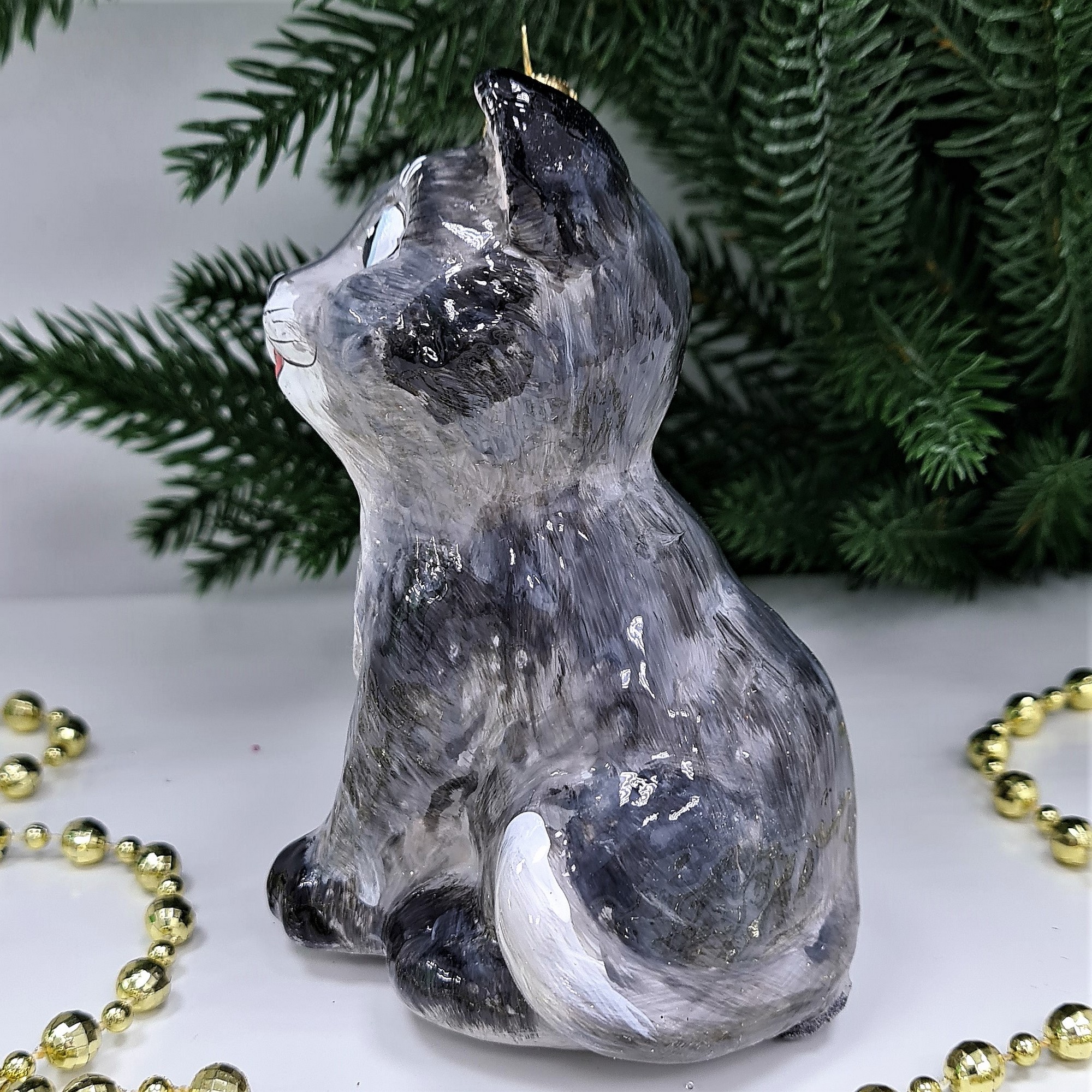 фото Стеклянная елочная игрушка Серый котик