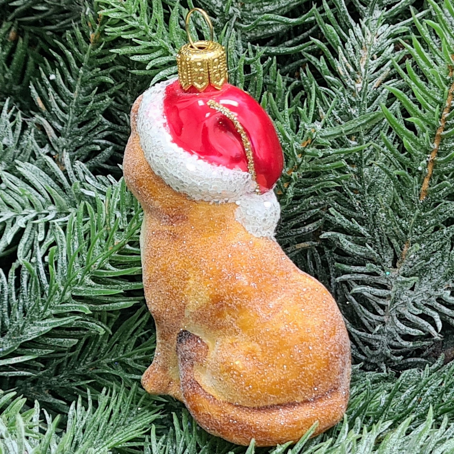 фото Стеклянная елочная игрушка Котик в шапке рыжий