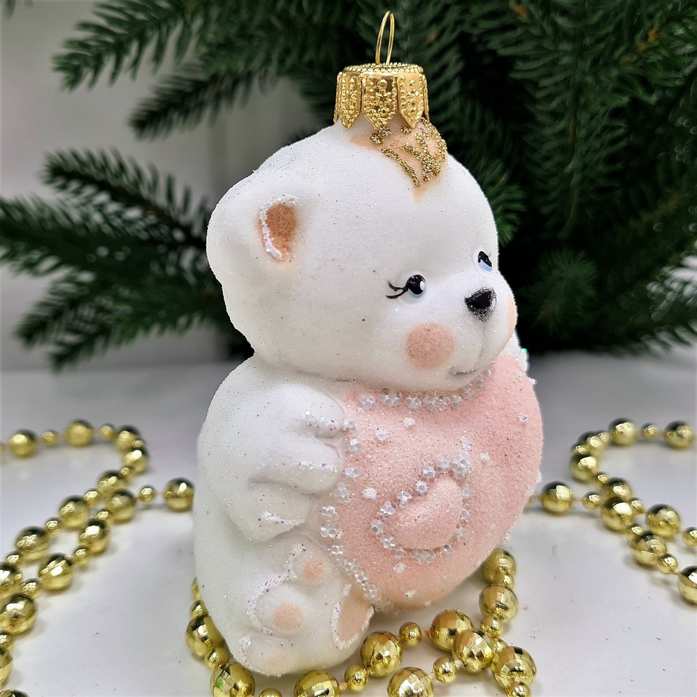 фото Стеклянная елочная игрушка Мишка с сердцем