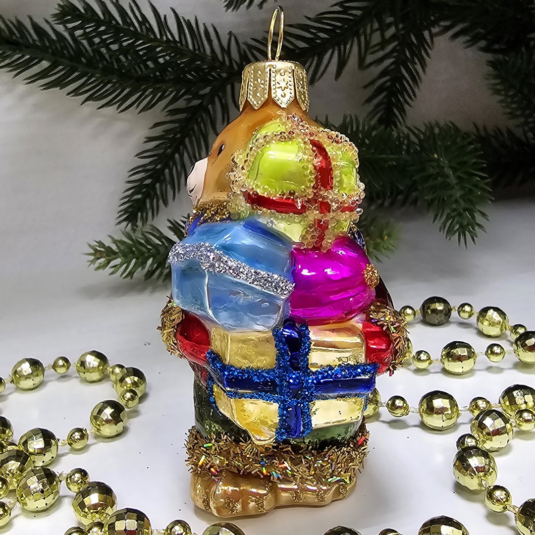 фото Стеклянная елочная игрушка Мишутка с подарками