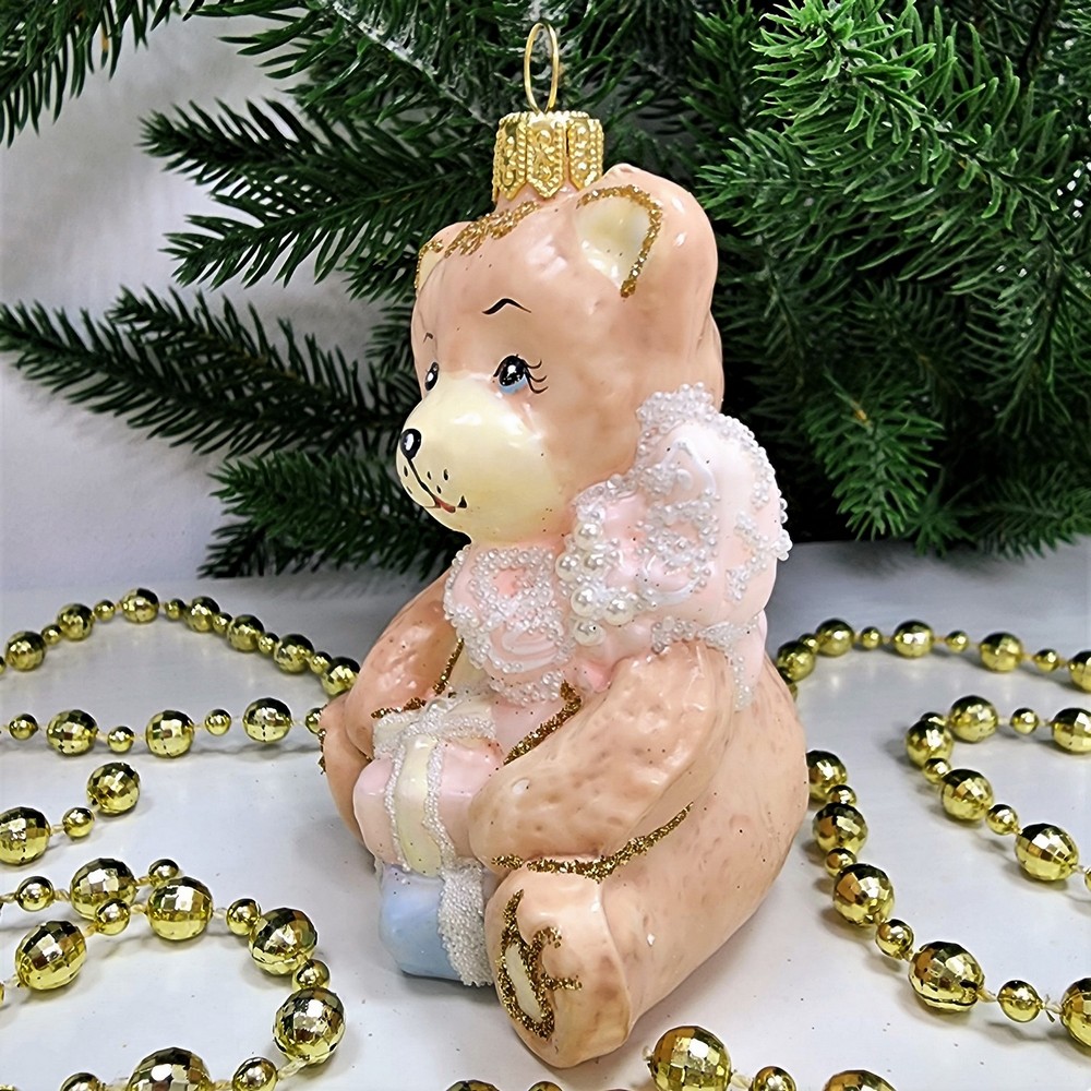 фото Стеклянная елочная игрушка Мишка с подарками детский