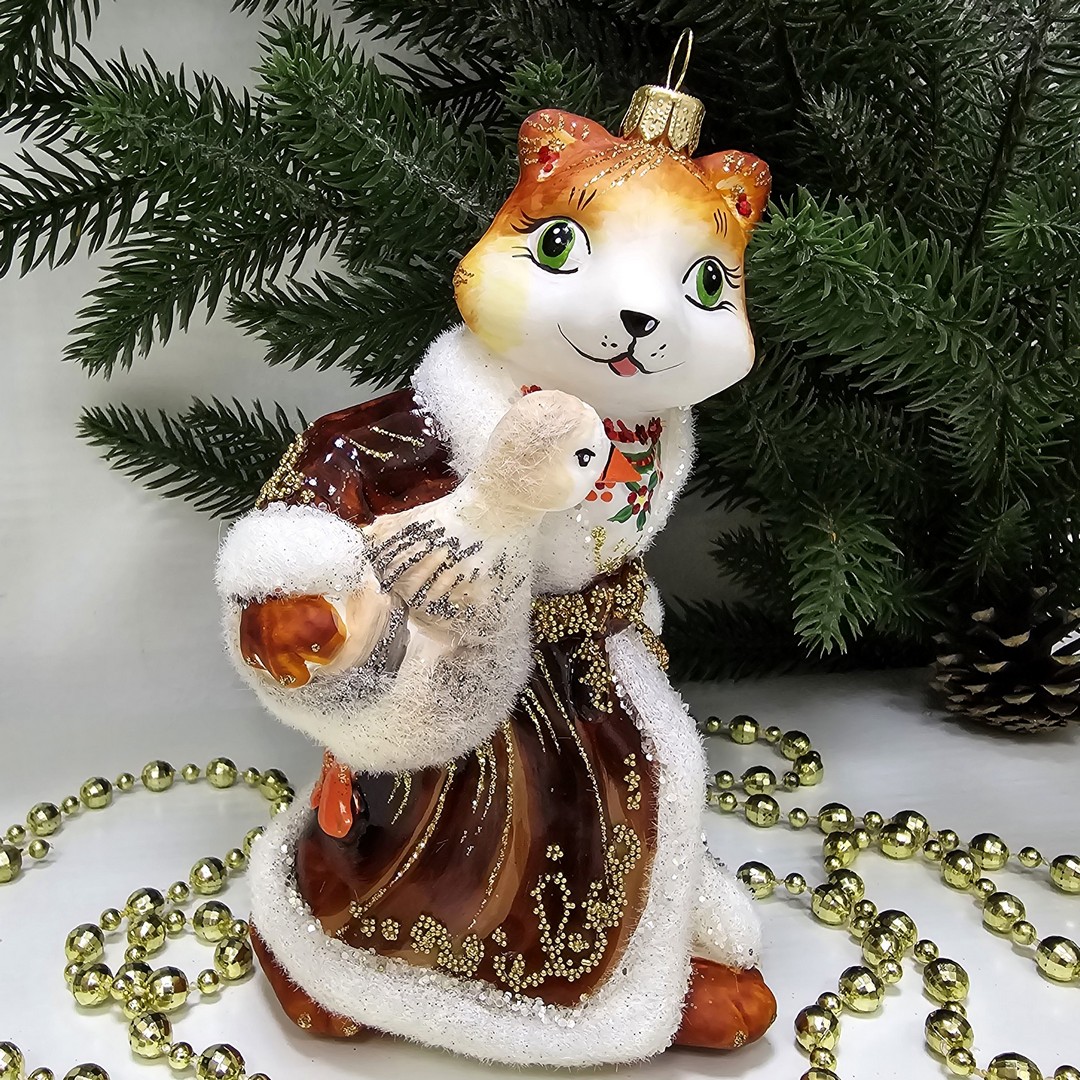 фото Стеклянная елочная игрушка Лиса с гусем