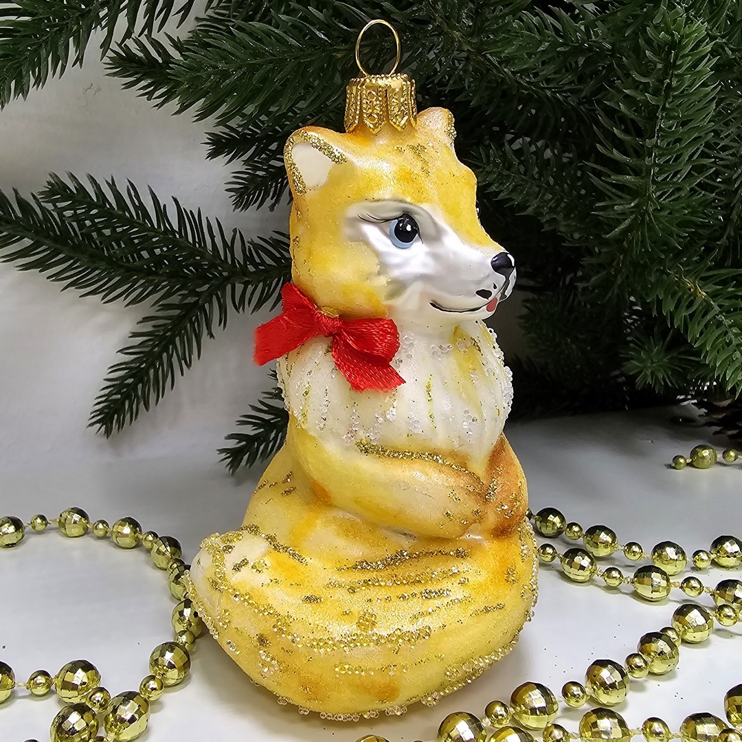 фото Стеклянная елочная игрушка Лисичка на хвостике сахар