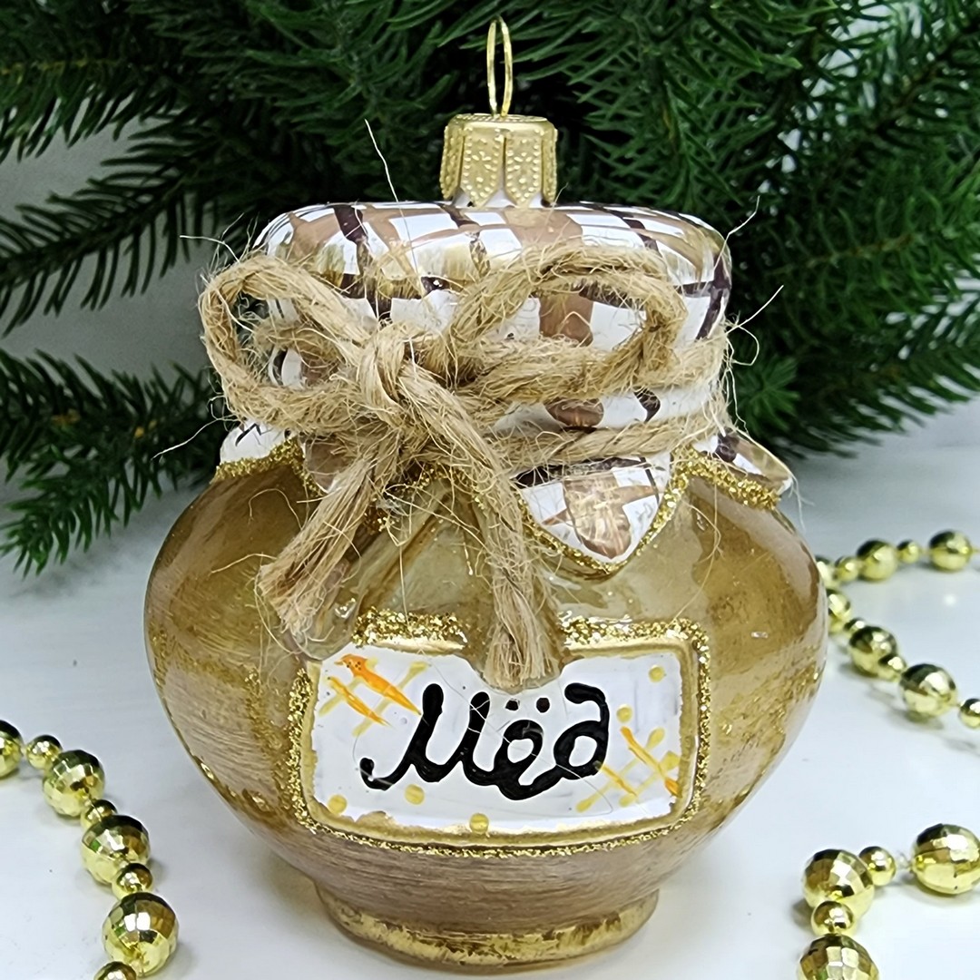 фото Стеклянная елочная игрушка Баночка мёда