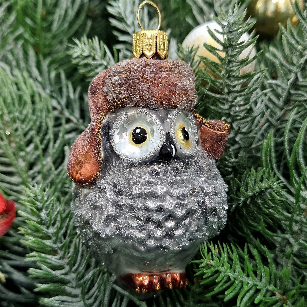 фото Стеклянная елочная игрушка Сова в ушанке-1