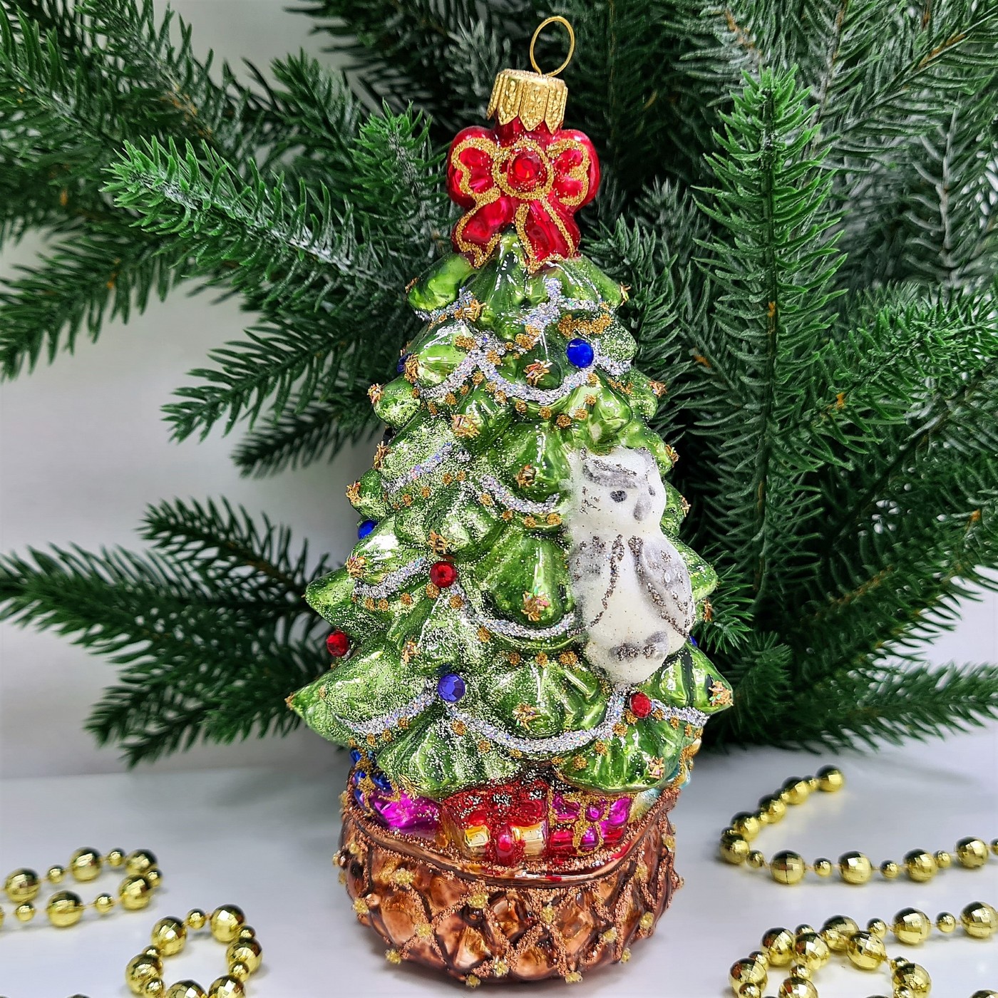 фото Стеклянная елочная игрушка Елка с совой и бантом