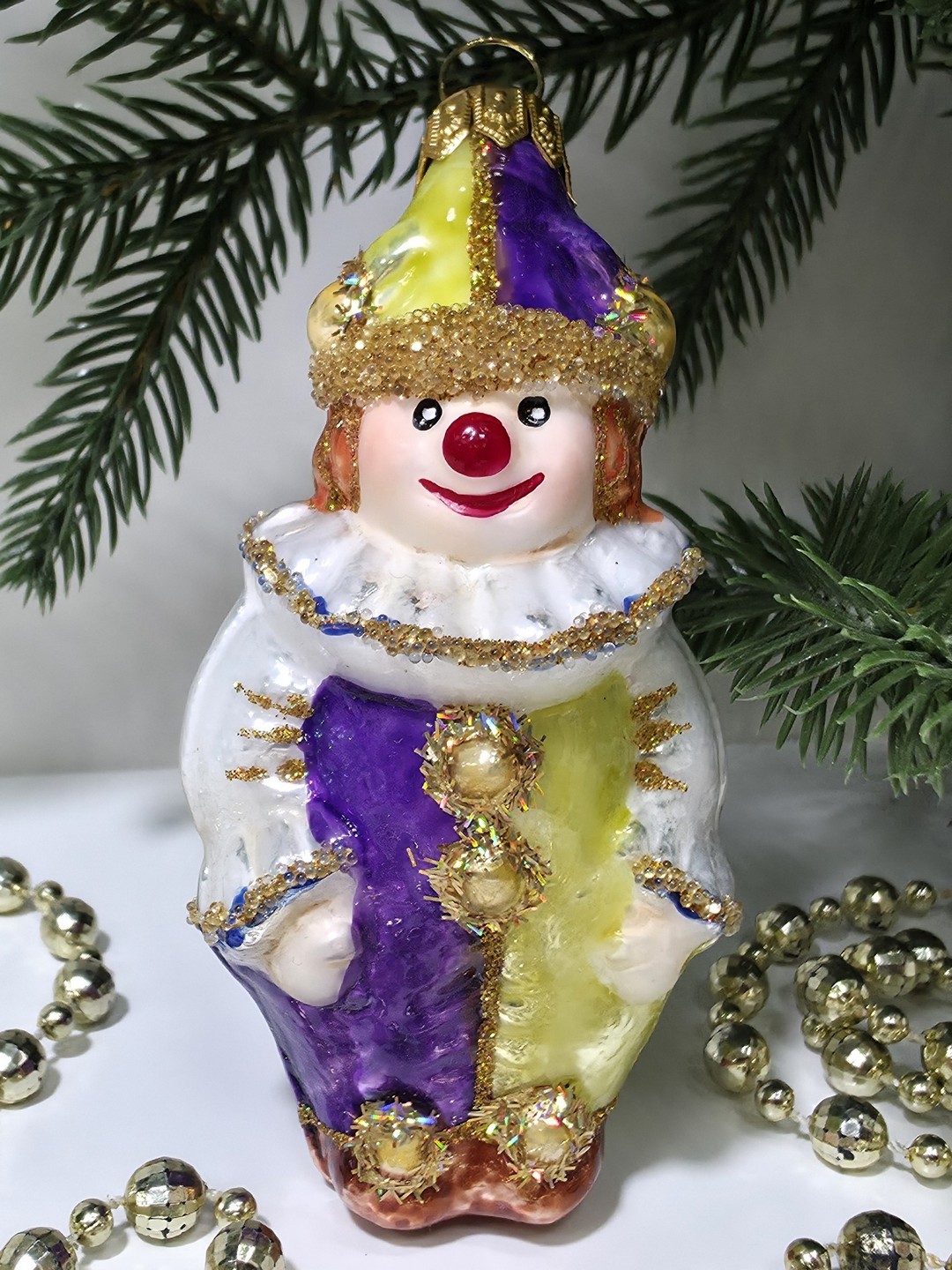 фото Стеклянная елочная игрушка Клоун в жабо малый