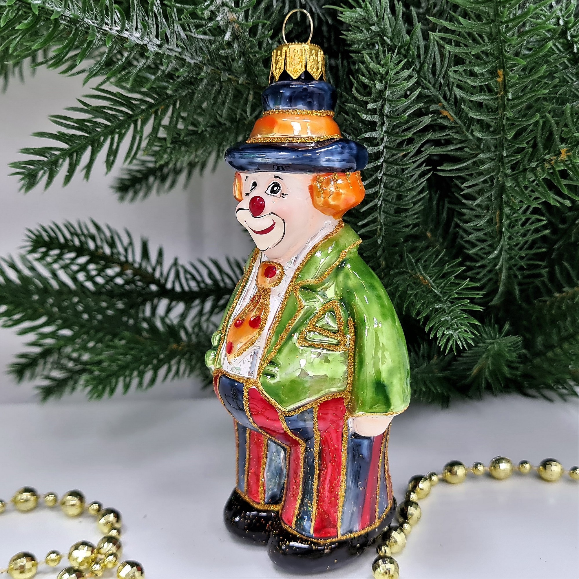 фото Стеклянная елочная игрушка Клоун в галстуке