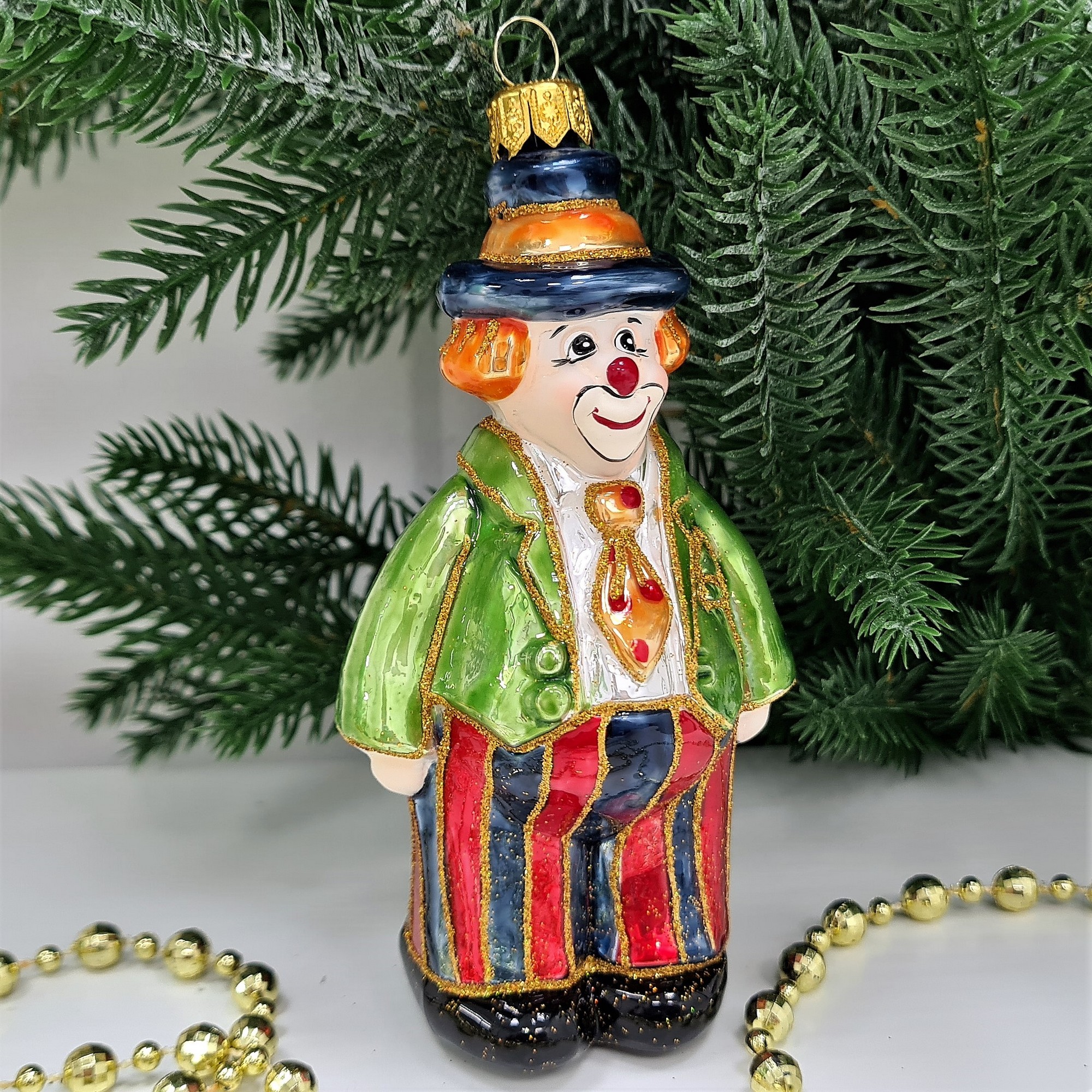 фото Стеклянная елочная игрушка Клоун в галстуке