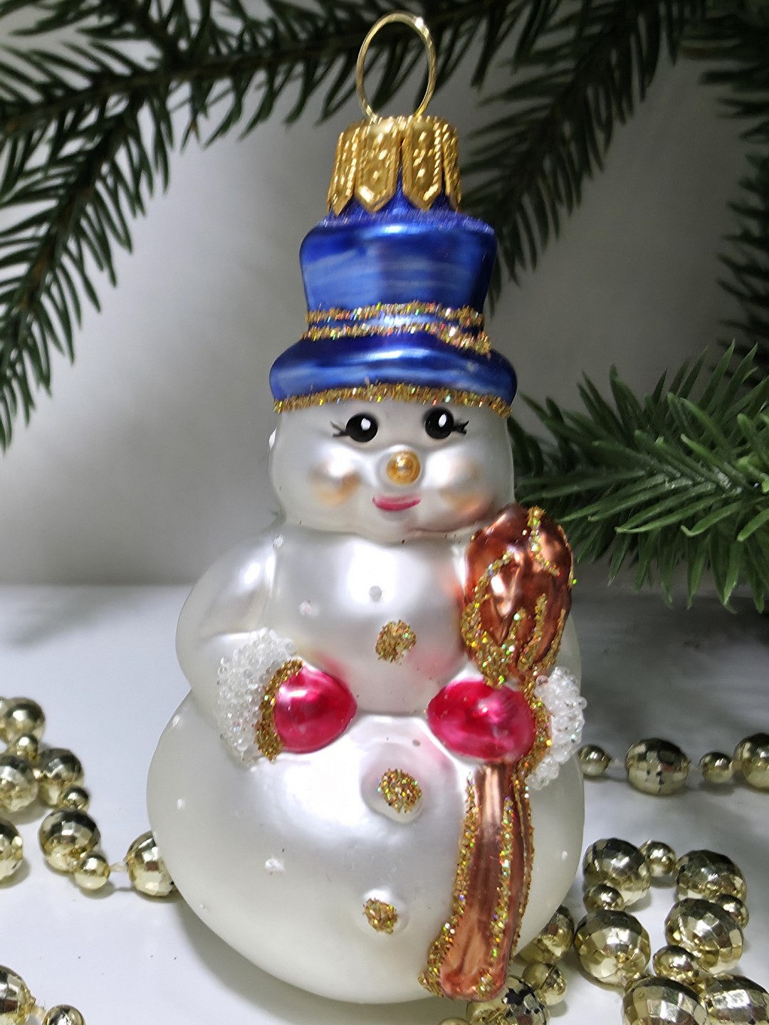 фото Стеклянная елочная игрушка Снеговик