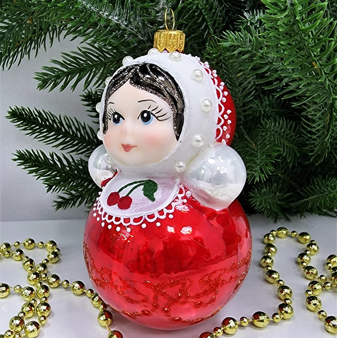 фото Стеклянная елочная игрушка Матрешка неваляшка