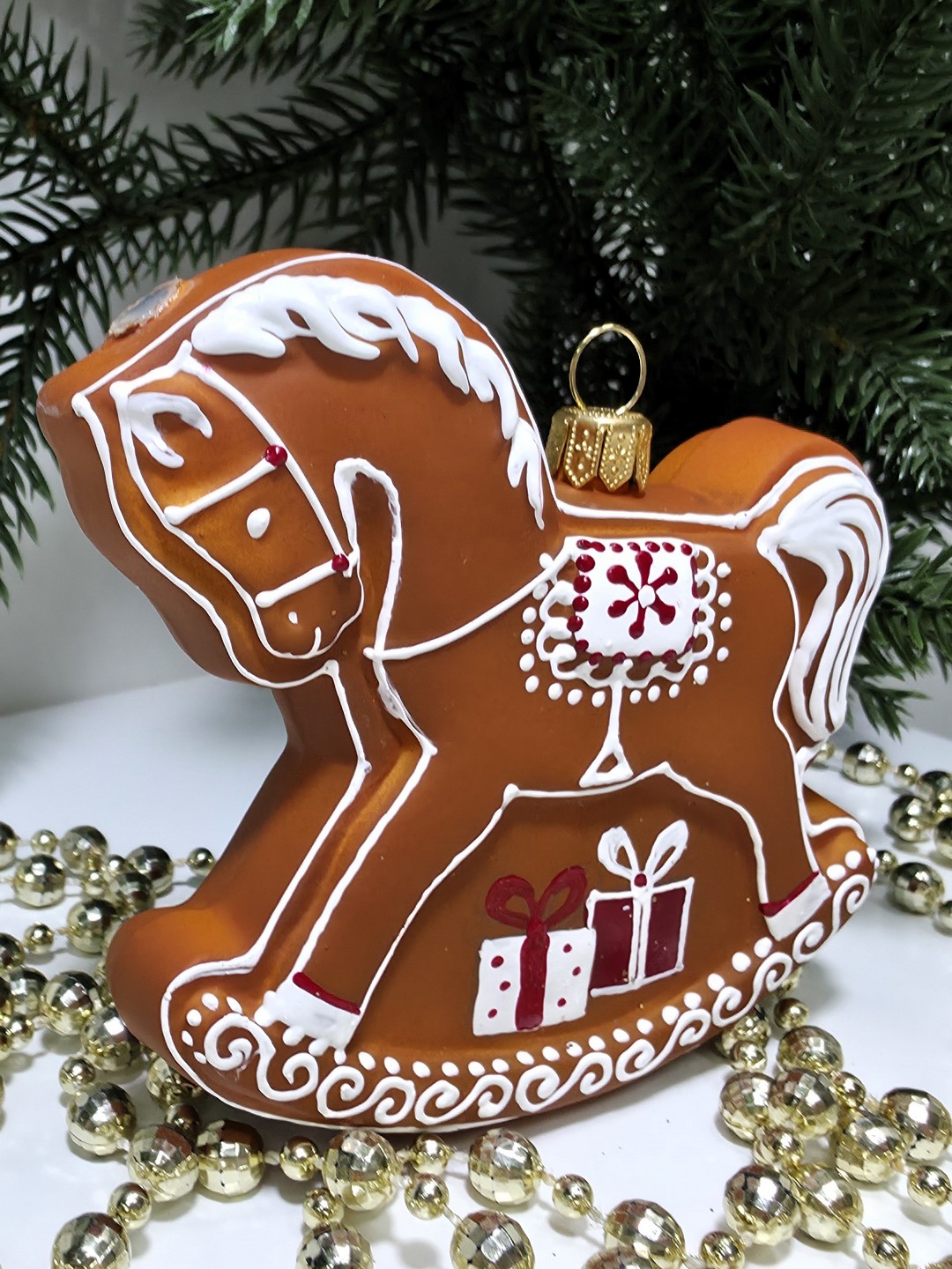 фото Стеклянная елочная игрушка Лошадка пряник