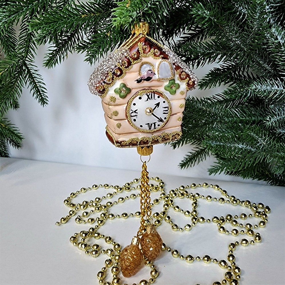 фото Стеклянная елочная игрушка Часы с кукушкой винтаж