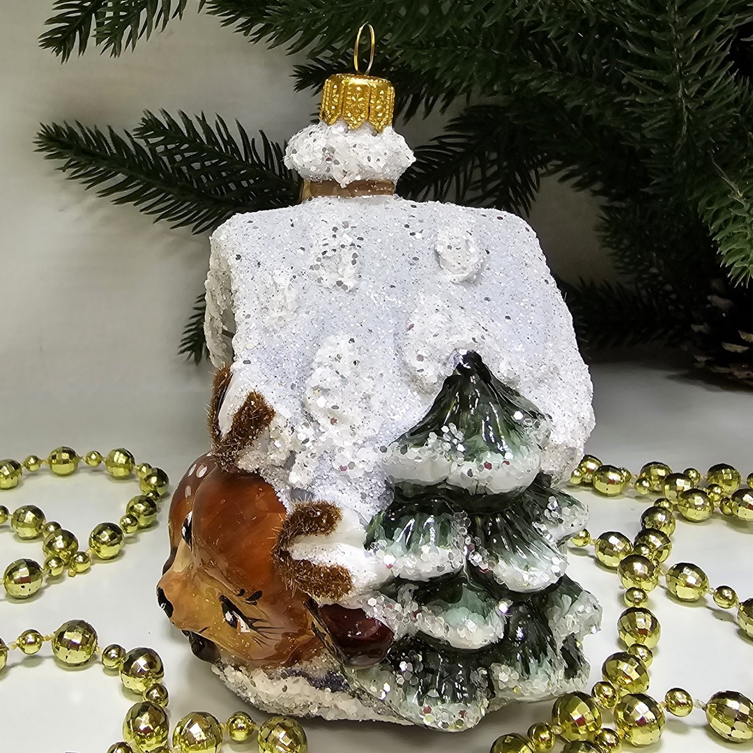 фото Стеклянная елочная игрушка Домик с олененком