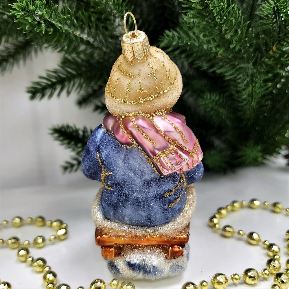 фото Стеклянная елочная игрушка Мальчик на санях сахар