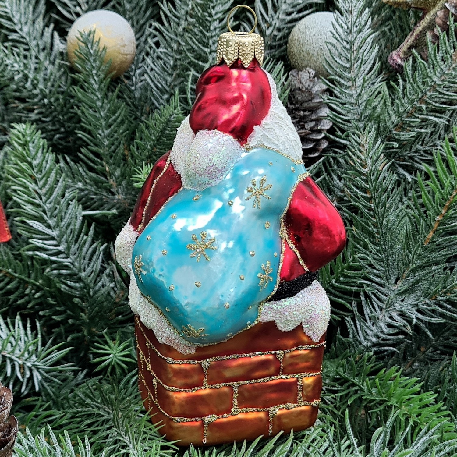 фото Стеклянная елочная игрушка Дед Мороз в трубе