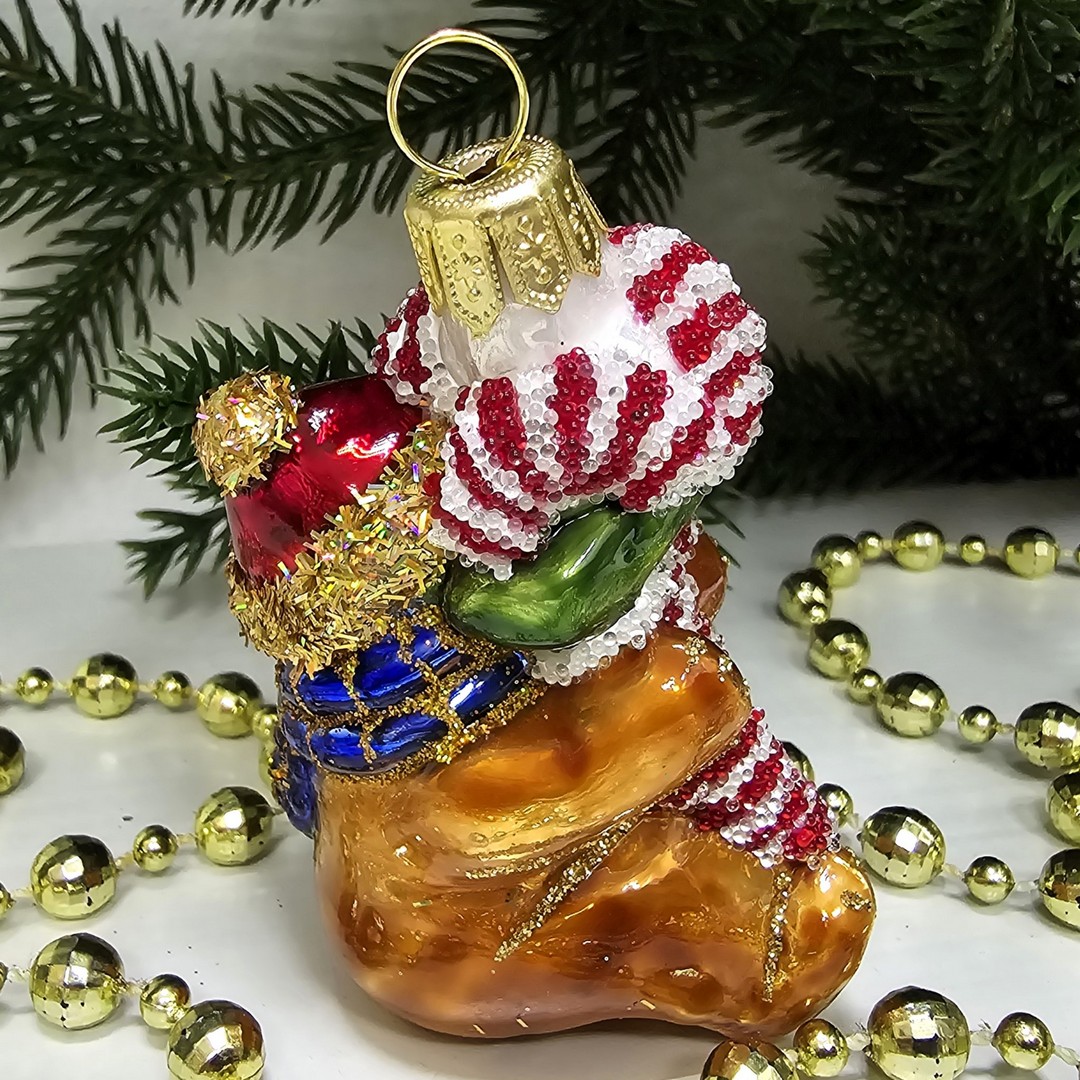 фото Стеклянная елочная игрушка Мишка с сахарной палочкой