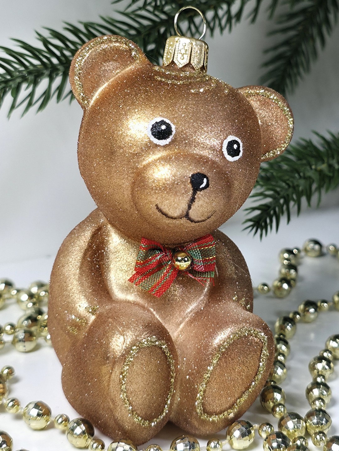 фото Стеклянная елочная игрушка Мишка с бантом