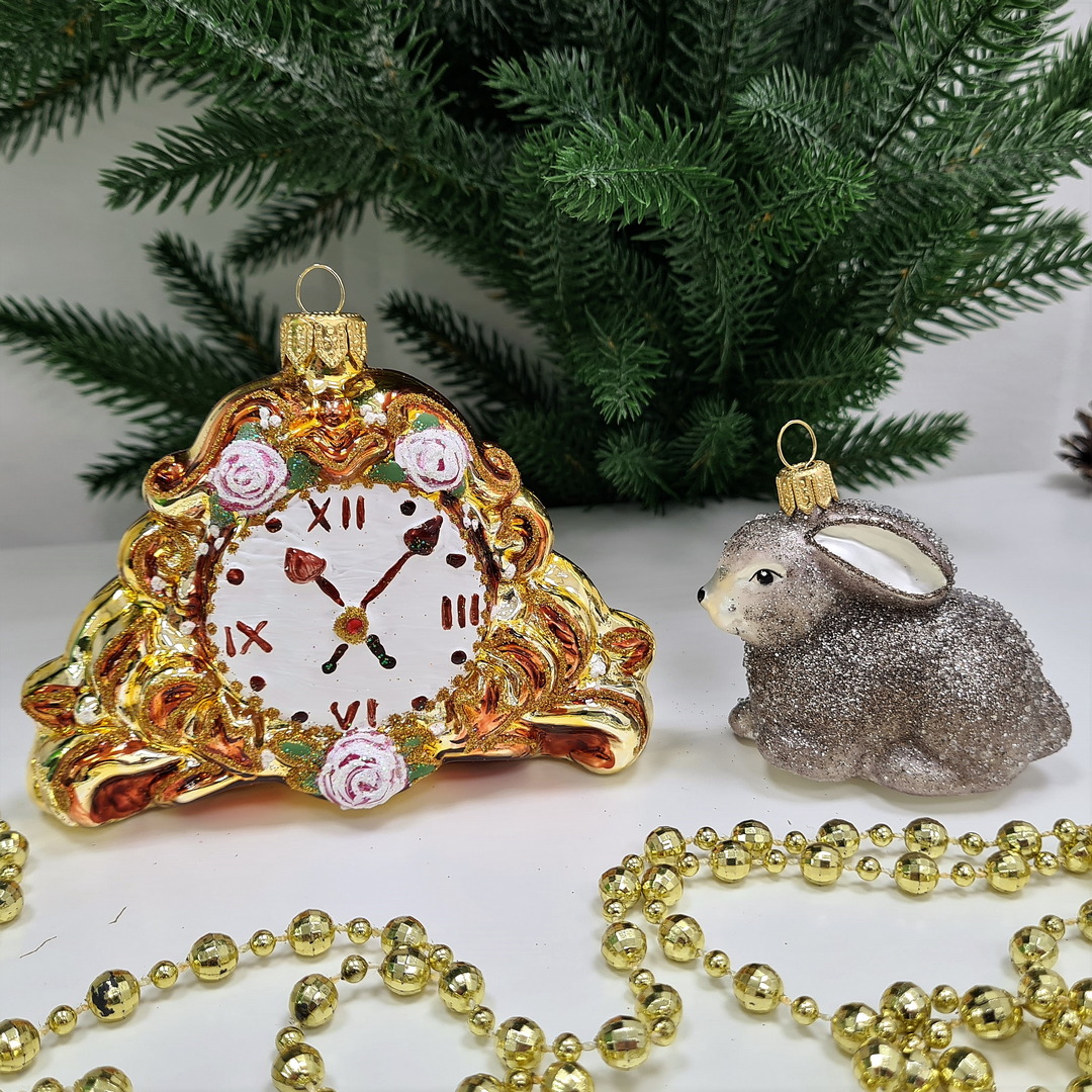 фото Набор ёлочных игрушек Часы и зайчик
