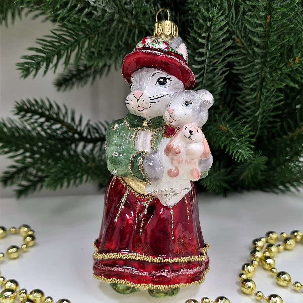 фото Стеклянная елочная игрушка Зайчиха с зайчатами
