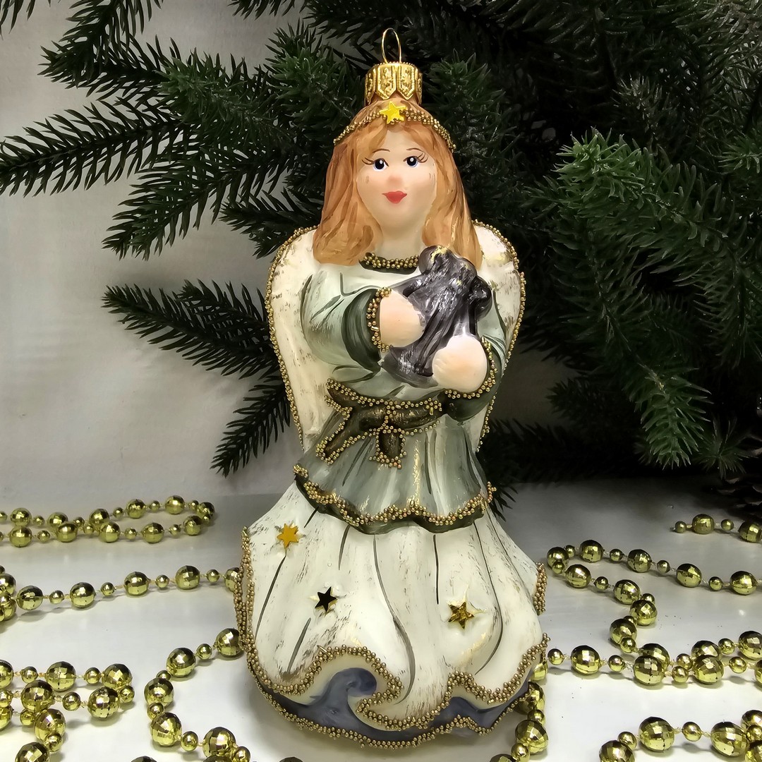 фото Стеклянная елочная игрушка Ангел с арфой винтаж