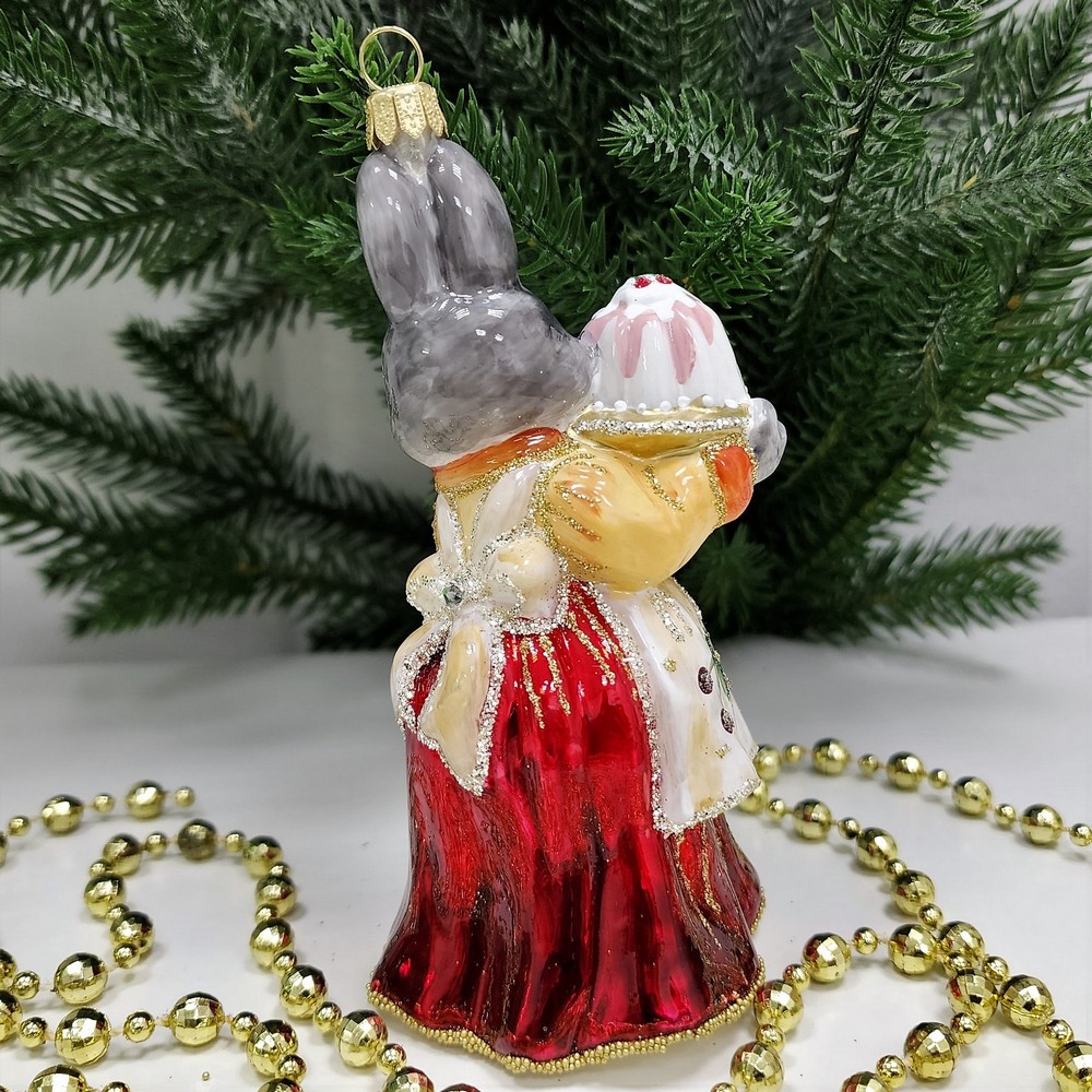 фото Стеклянная елочная игрушка Зайчиха с тортом