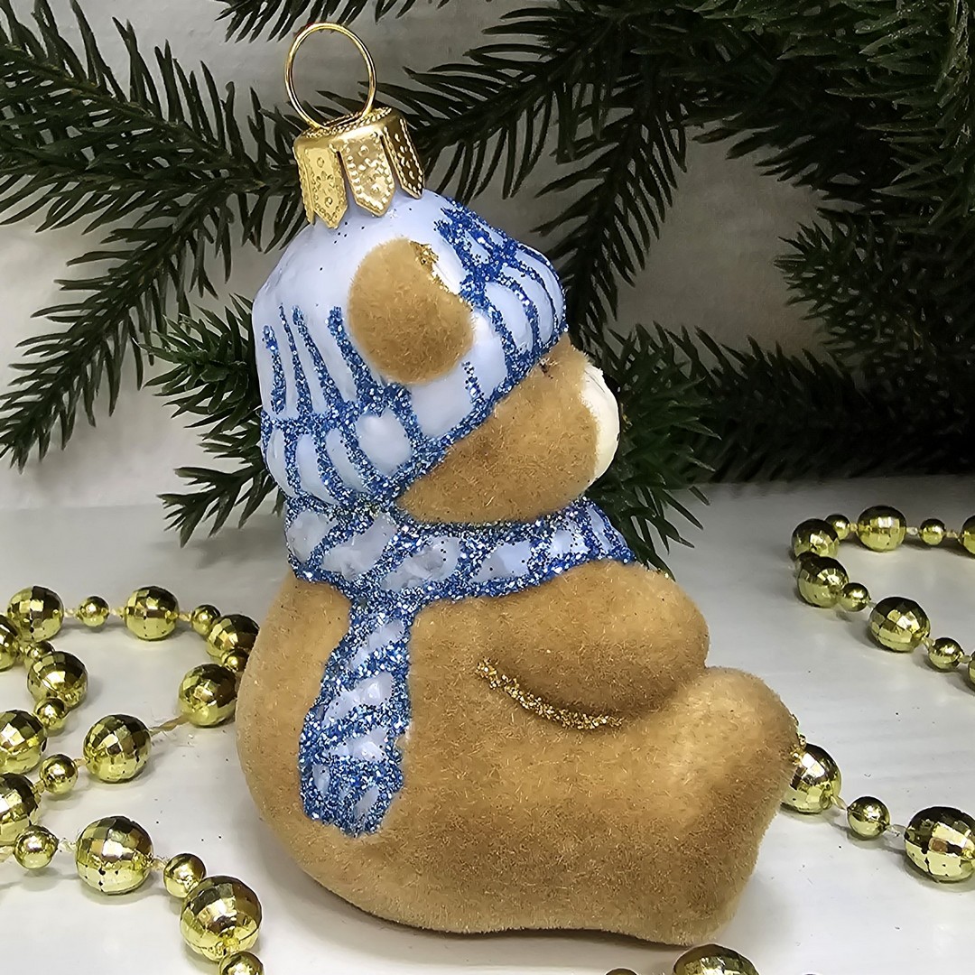 фото Стеклянная елочная игрушка Мишка беби флок