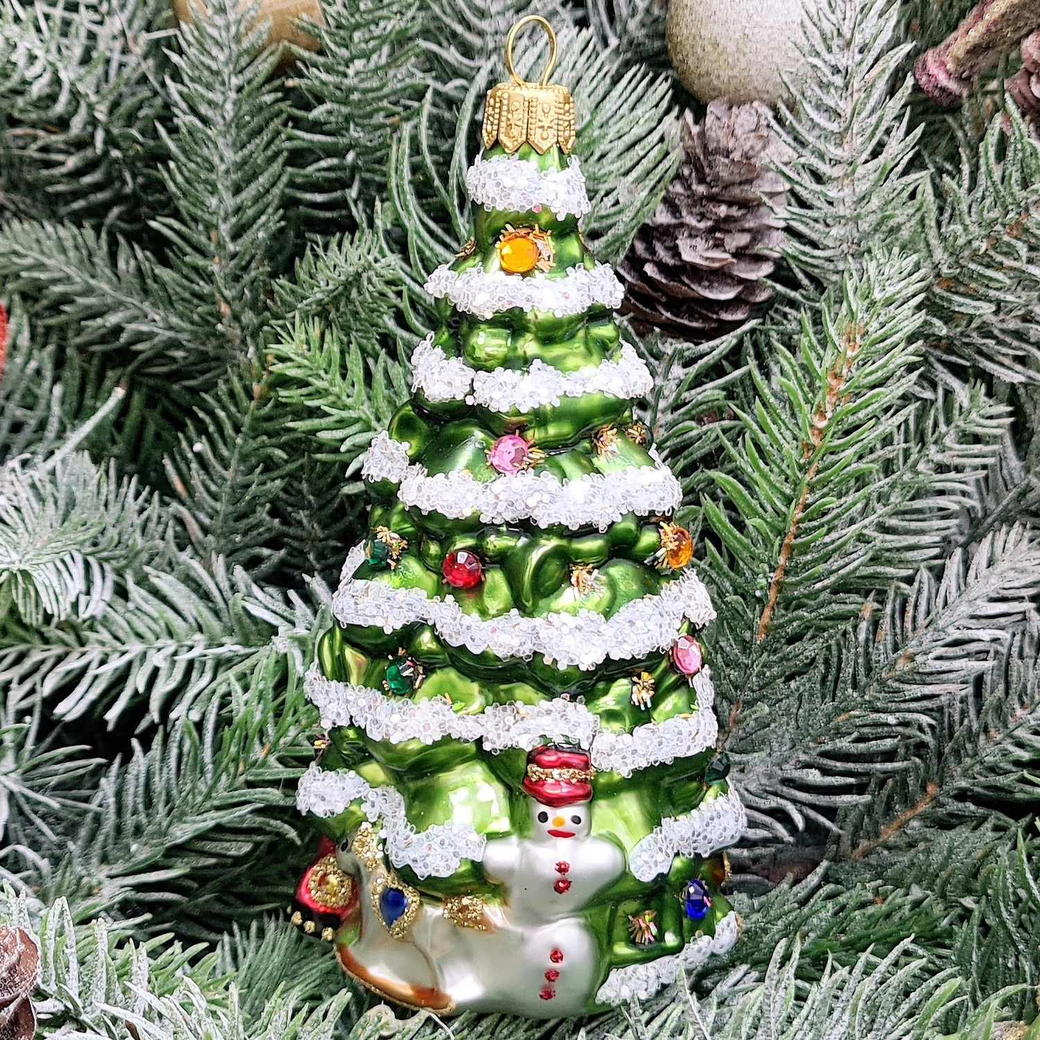 фото Стеклянная елочная игрушка Елка с лошадкой