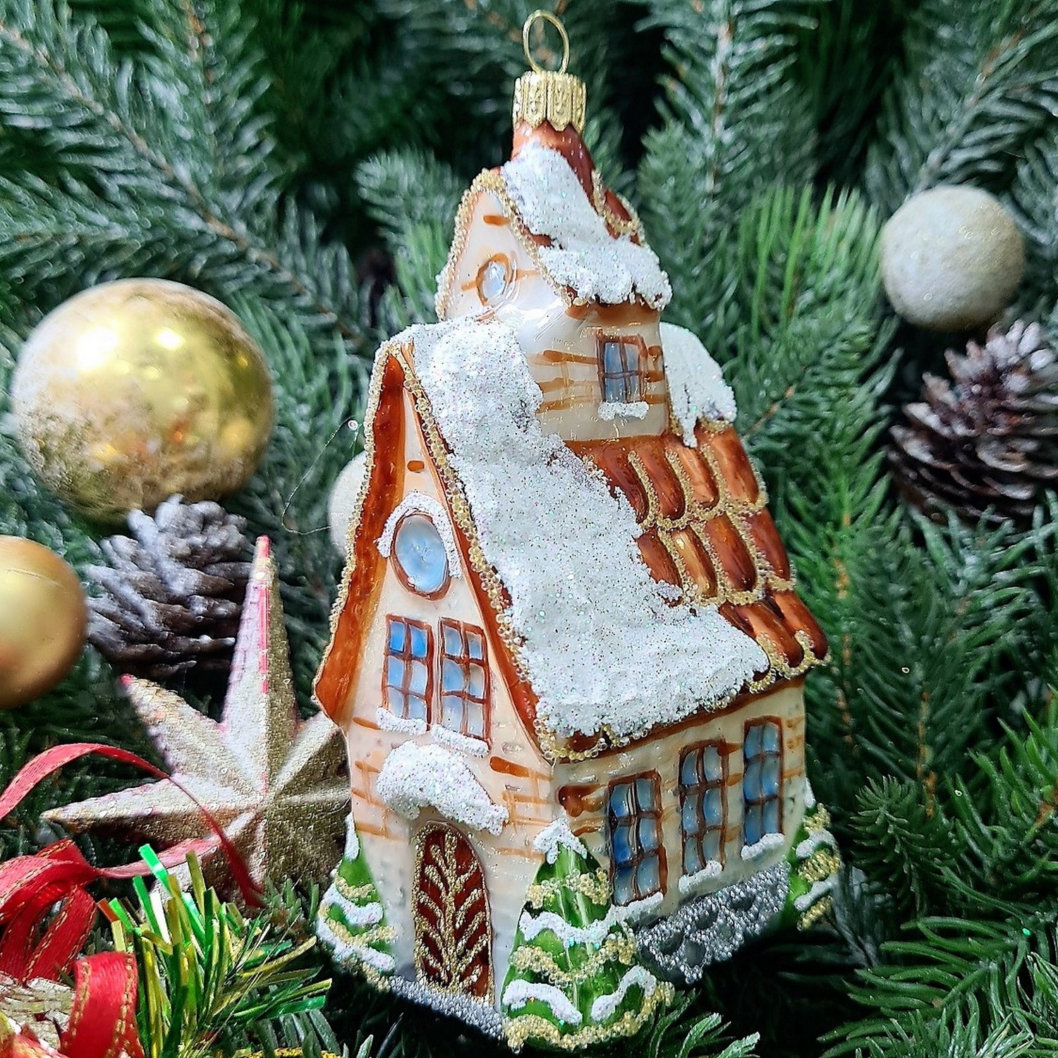 фото Стеклянная елочная игрушка Домик с острой крышей