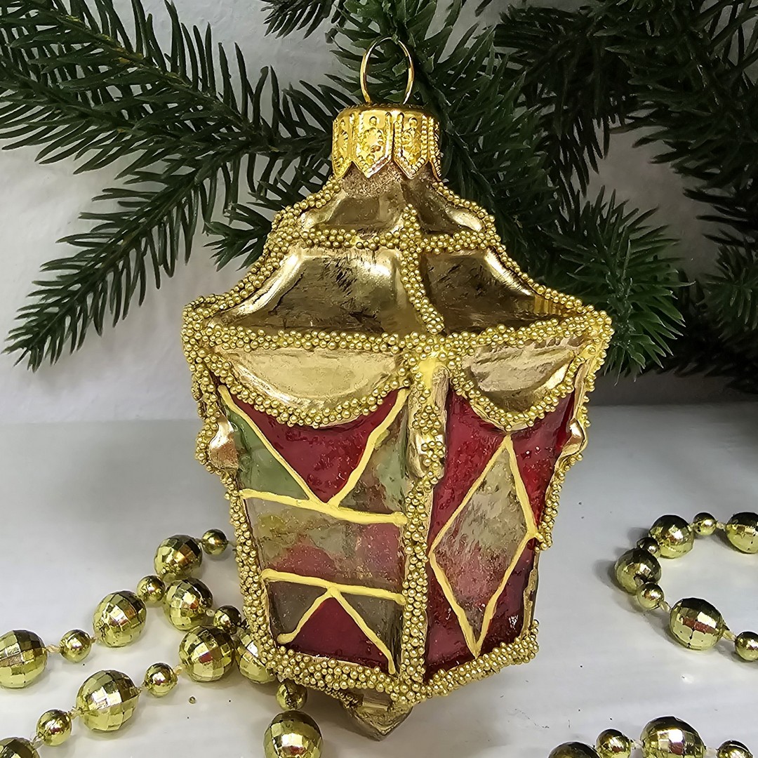 фото Стеклянная елочная игрушка Фонарик малый витраж