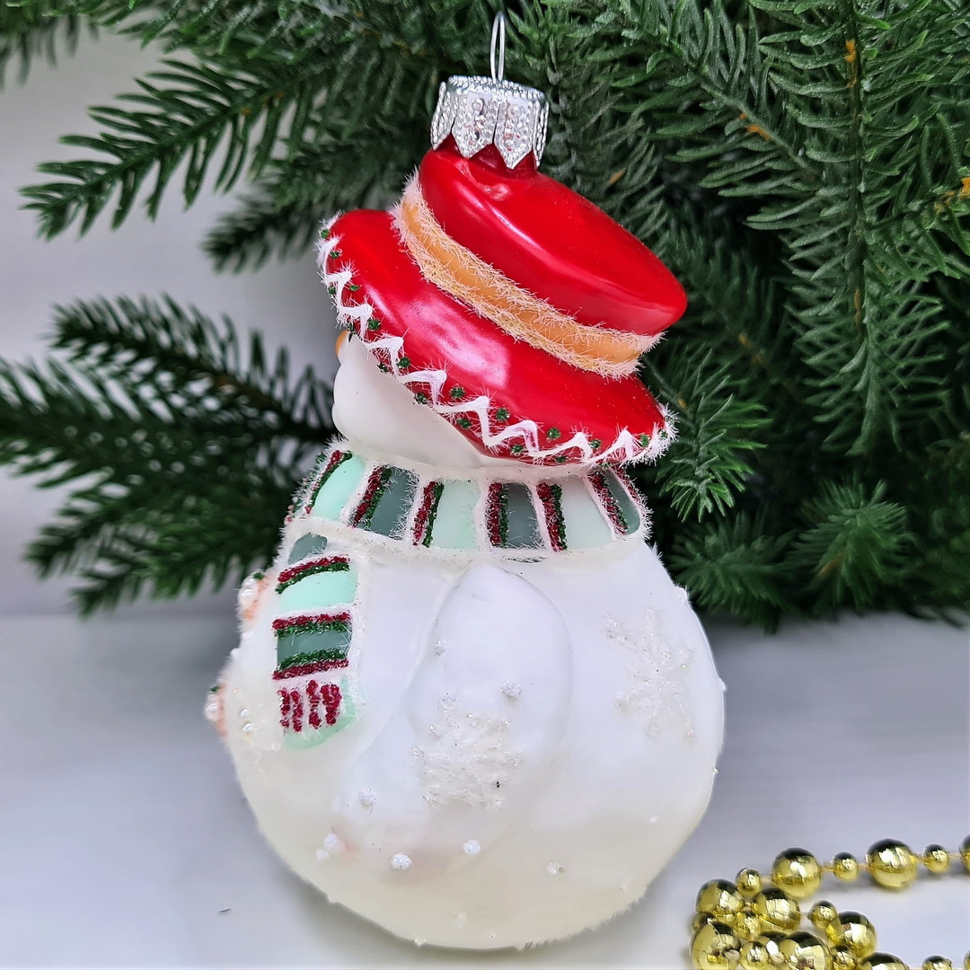 фото Стеклянная елочная игрушка Снеговик с метлой