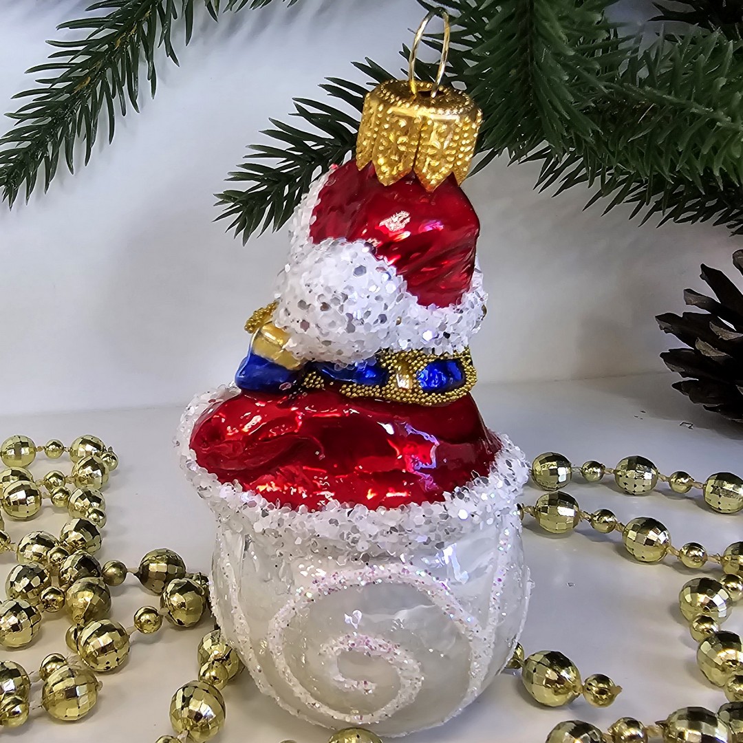 фото Стеклянная елочная игрушка Снеговик с елочкой