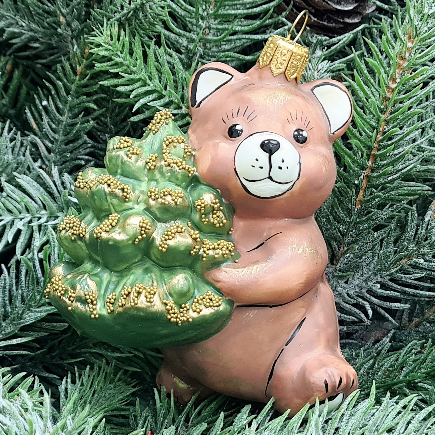 фото Стеклянная елочная игрушка Мишка с елкой винтаж