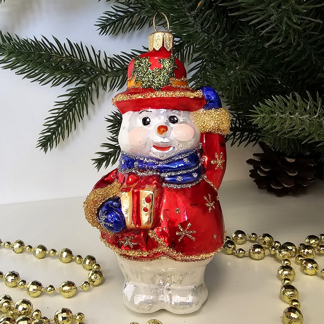 фото Стеклянная елочная игрушка Снеговик