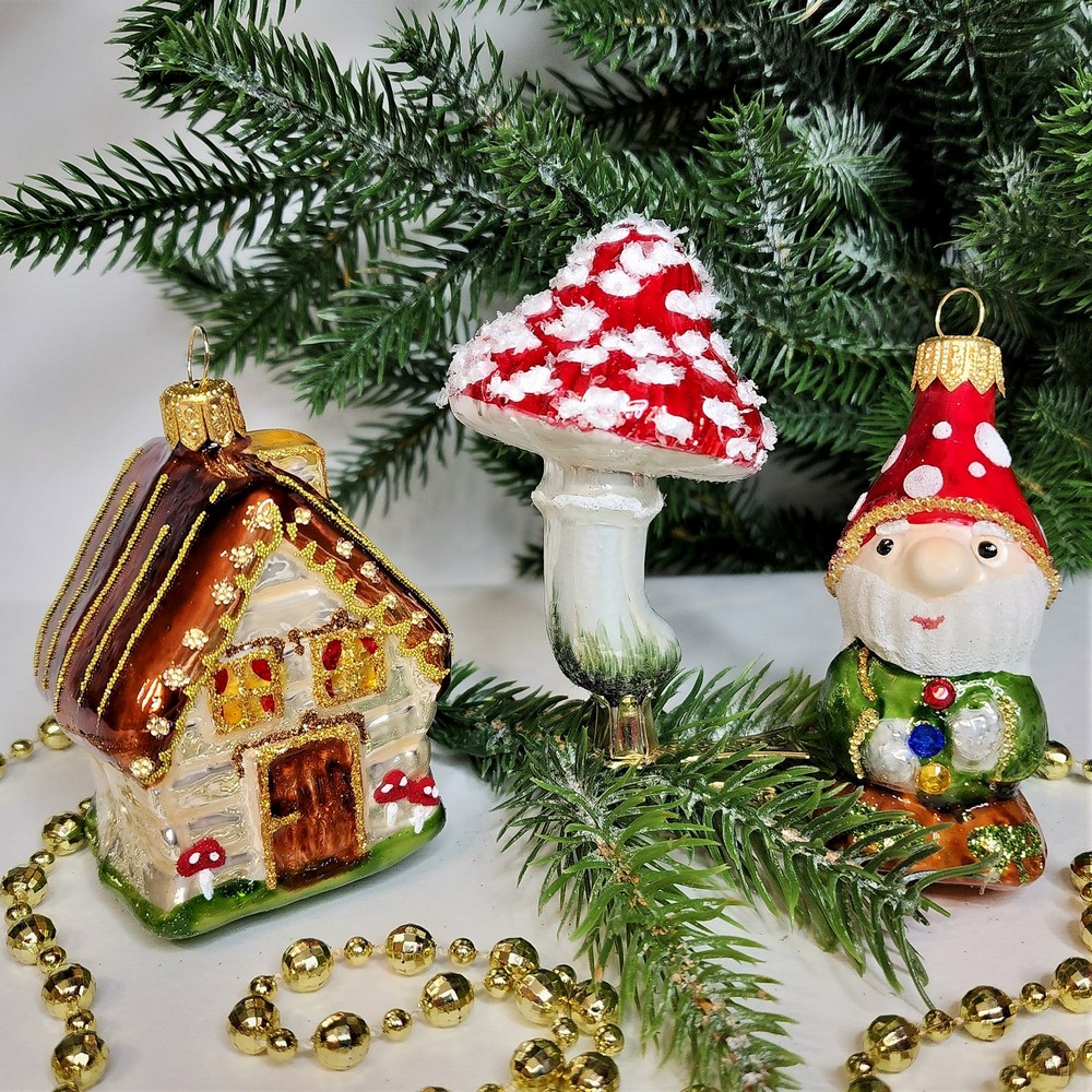 фото Набор ёлочных игрушек Гномик, домик и грибок