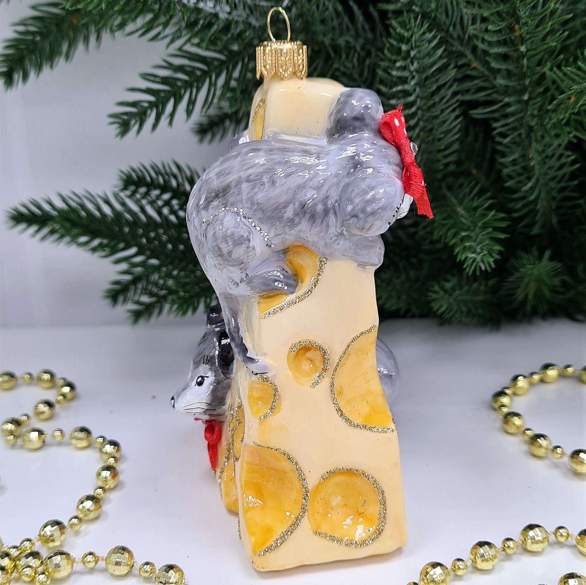 фото Стеклянная елочная игрушка Мышки в сыре