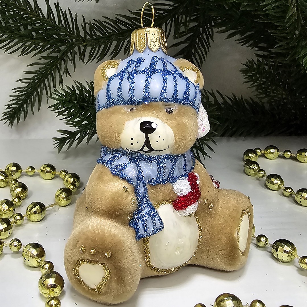 фото Стеклянная елочная игрушка Мишка беби флок