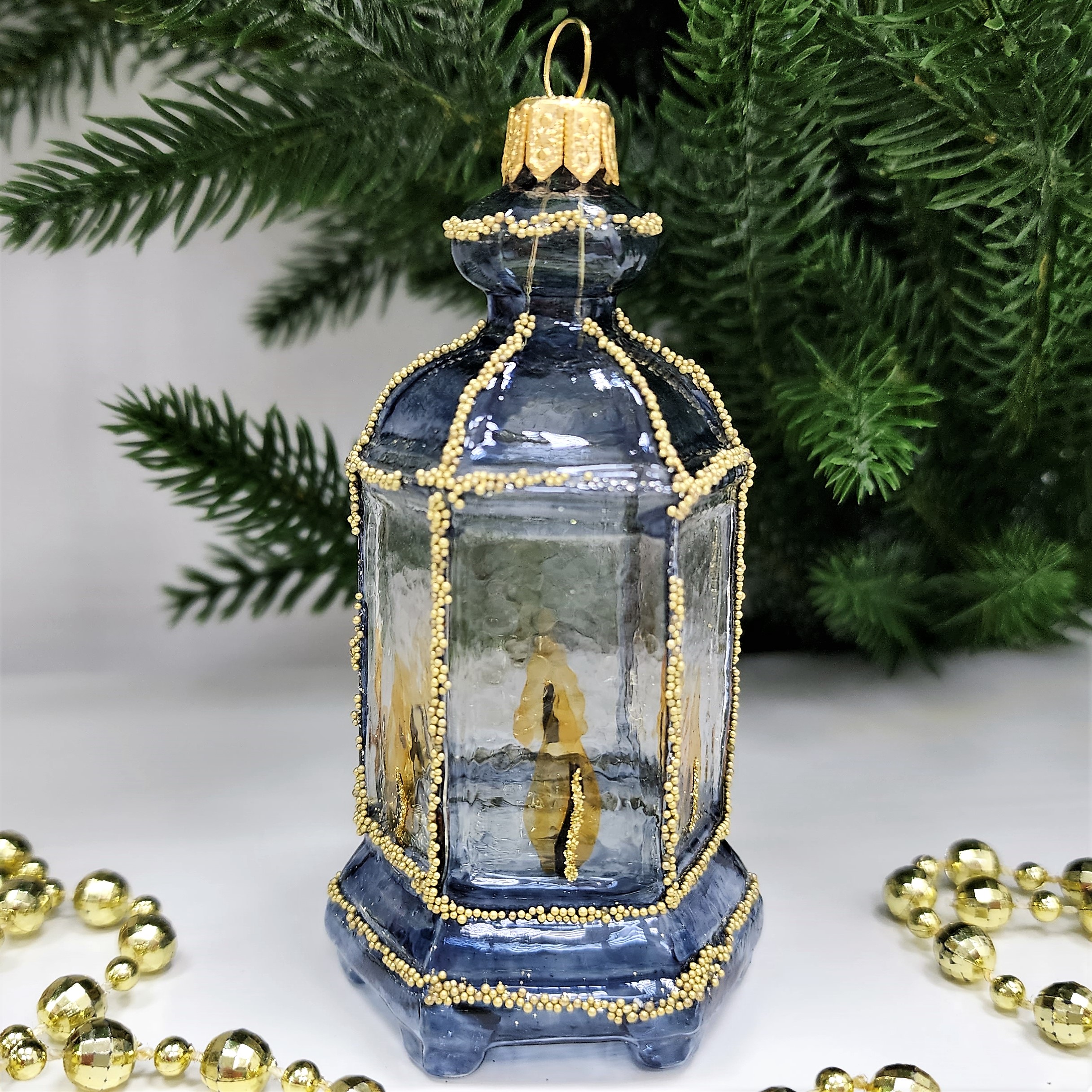 фото Стеклянная елочная игрушка Фонарик синий